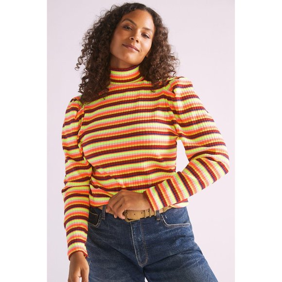 Anthropologie Maeve Striped Puff Sleeve Turtleneck XS - Picture 1 of 3